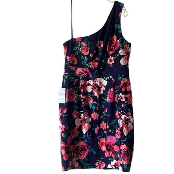NWT Eliza J Blue Pink Green Floral One Shoulder Sheath Dress Size 14 - Picture 5 of 12